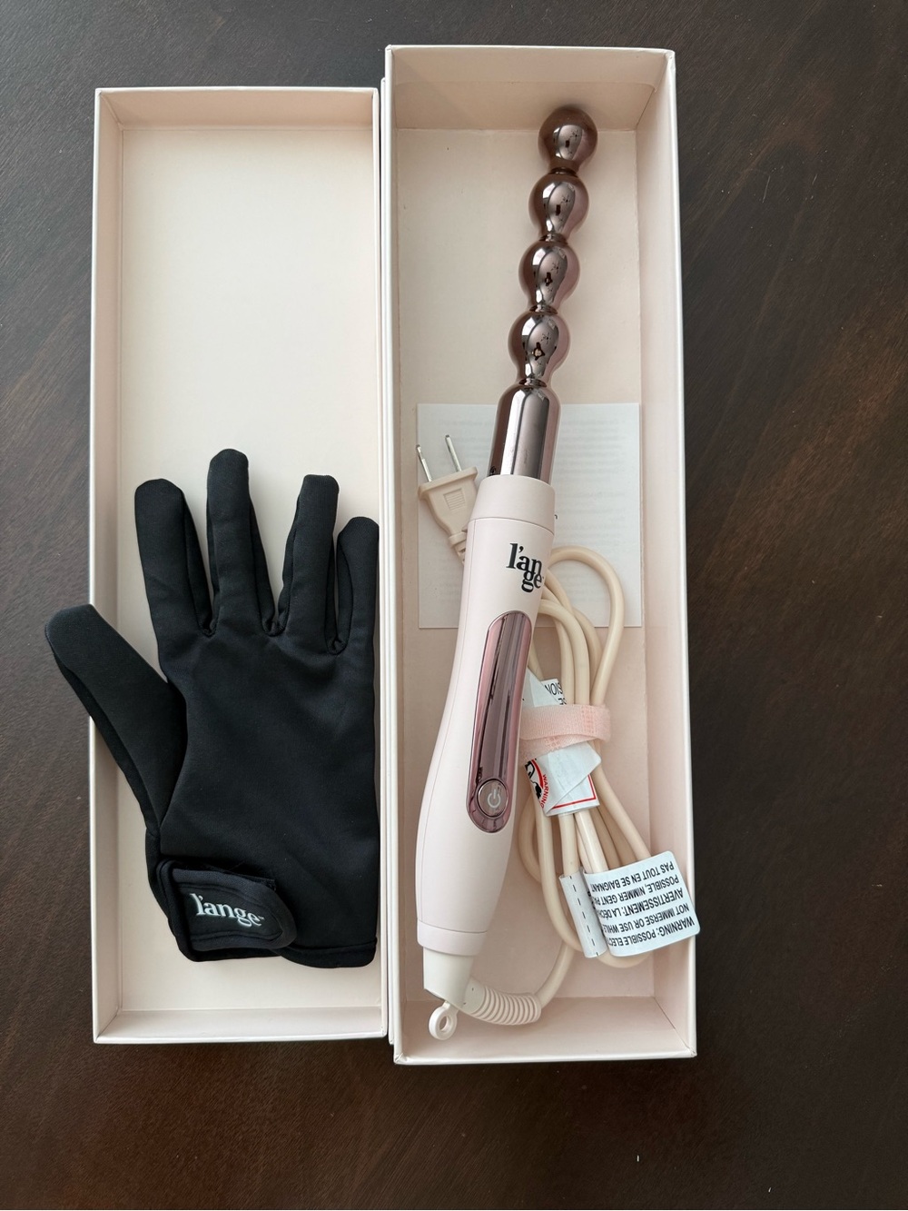Lange Pink and Rose Gold Bubble-Tip Curling Wand with Black Heat Glove